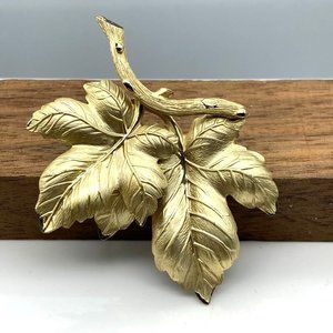 Vintage Grape Leaf Branch Brooch, Satin Finish Gold Tone Lapel or Shoulder Pin